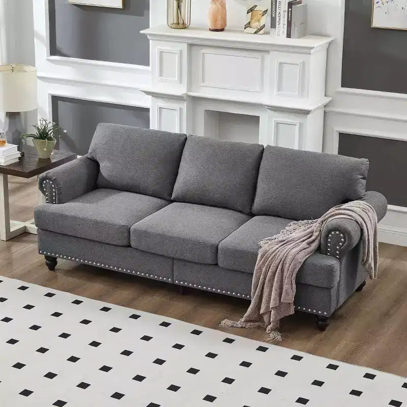 Modern Sectional Sofa Classic Design with Nails Living Room 5 Seaters Upholstered Polyester Gray