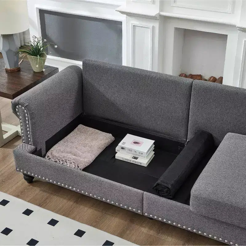Modern Sectional Sofa Classic Design with Nails Living Room 5 Seaters Upholstered Polyester Gray