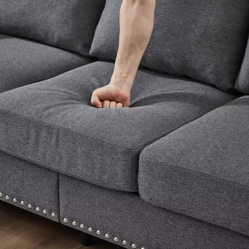 Modern Sectional Sofa Classic Design with Nails Living Room 5 Seaters Upholstered Polyester Gray