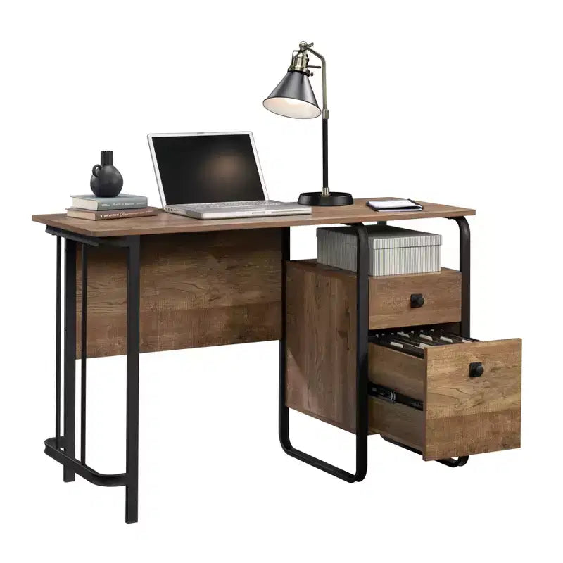 47 Computer Desk, Modern Industrial Office Desk with 2 Storage Drawer and 1 Open Shelf, Metal Frame, Writing Desk for Home Office, Study, Brown
