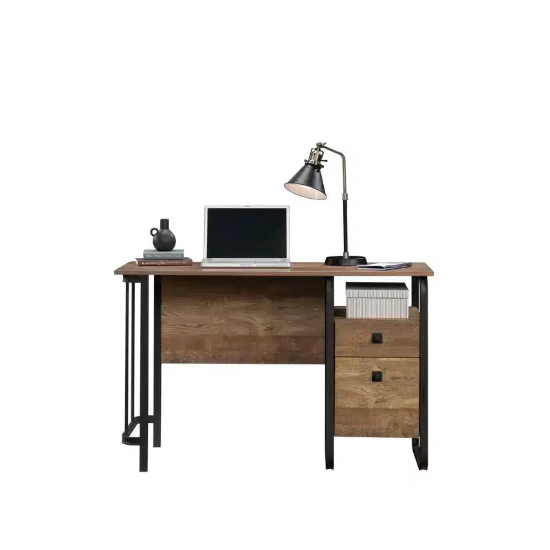 47 Computer Desk, Modern Industrial Office Desk with 2 Storage Drawer and 1 Open Shelf, Metal Frame, Writing Desk for Home Office, Study, Brown