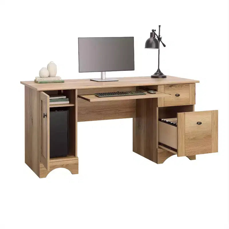 59.45 Computer Desk, Office Desk with Slide-Out Keyboard Tray, 2 Drawers and 1 Cabinet, Writing Desk for Home Office, Study, Game Room