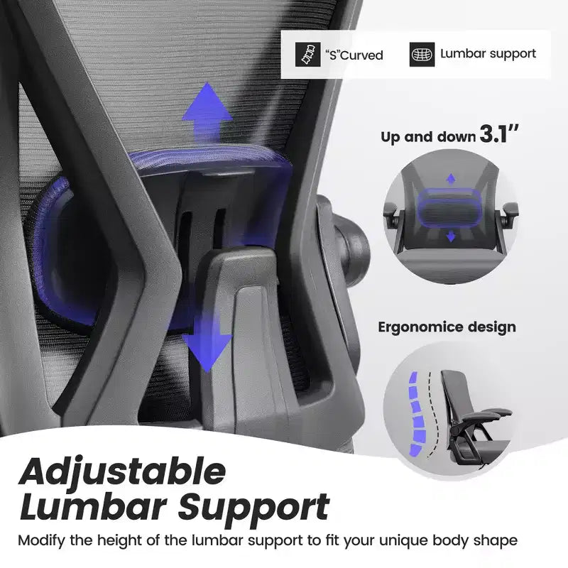Ergonomic Office Chair, Mesh Computer Desk Chair with Adjustable Back Lumbar Support and Armrests, Black