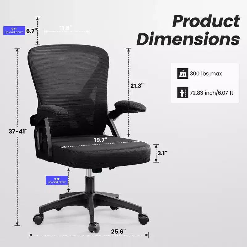 Ergonomic Office Chair, Mesh Computer Desk Chair with Adjustable Back Lumbar Support and Armrests, Black