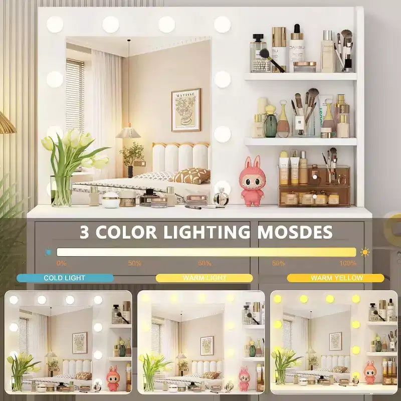 Vanity Desk with Lights & Power Drawer Storage Shelves 3 Lighting Modes Adjustable Brightness
