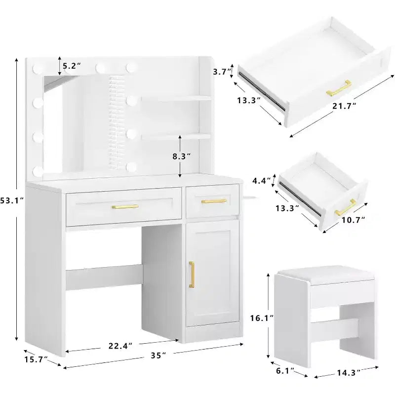 Vanity Desk with Lights & Power Drawer Storage Shelves 3 Lighting Modes Adjustable Brightness