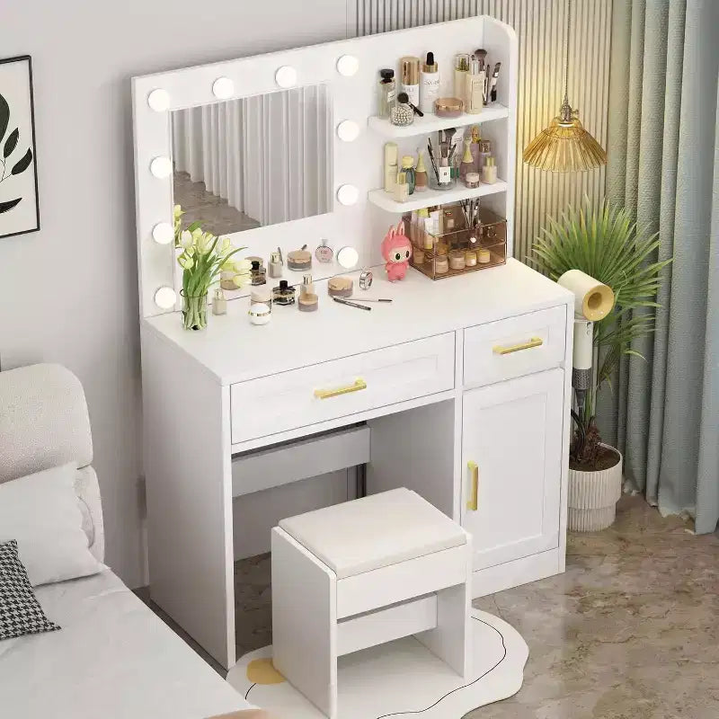 Vanity Desk with Lights & Power Drawer Storage Shelves 3 Lighting Modes Adjustable Brightness