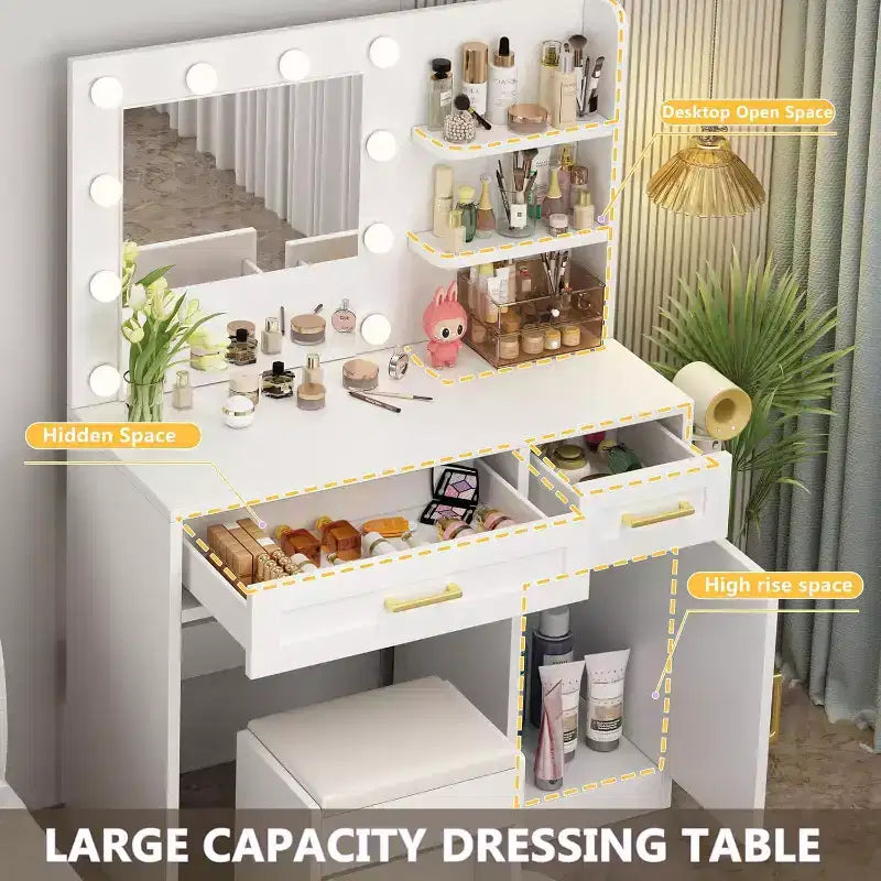 Vanity Desk with Lights & Power Drawer Storage Shelves 3 Lighting Modes Adjustable Brightness