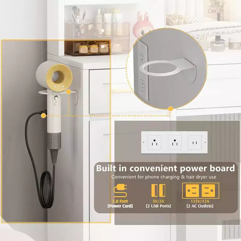 Vanity Desk with Lights & Power Drawer Storage Shelves 3 Lighting Modes Adjustable Brightness