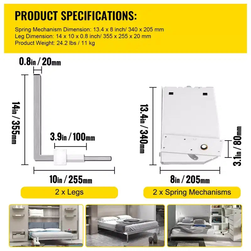 Murphy Mounting Wall Springs Mechanism Heavy Duty Support Hardware DIY Kit for King Queen Bed (Vertical), White