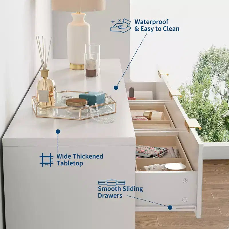 White 9 Drawer Dresser for Bedroom, 63 Wide Fluted Dresser with Smooth Slides, Modern Chest of Drawers with Golden Handles for Bedroom
