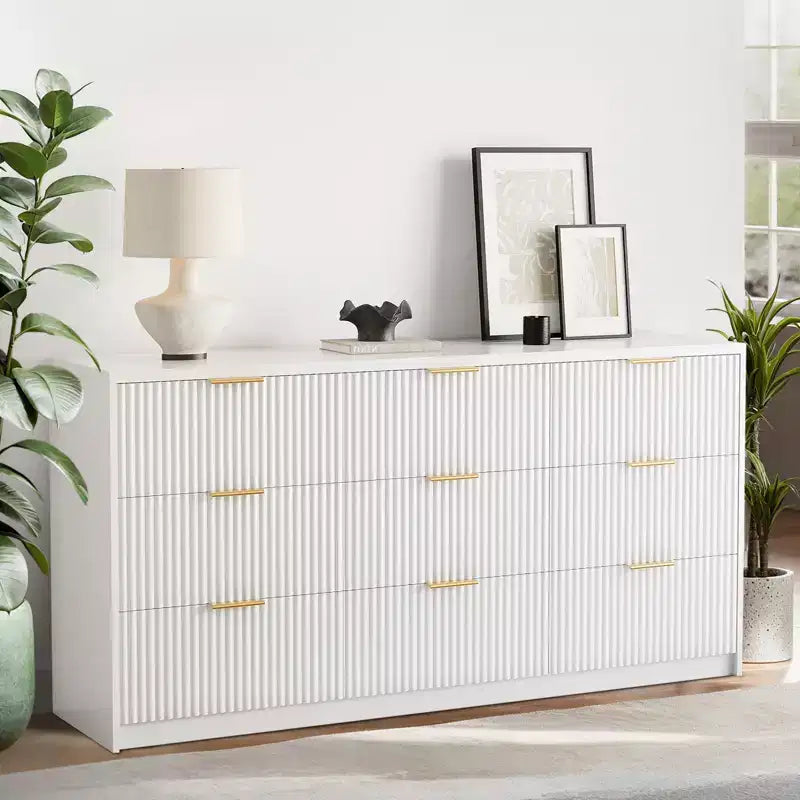 White 9 Drawer Dresser for Bedroom, 63 Wide Fluted Dresser with Smooth Slides, Modern Chest of Drawers with Golden Handles for Bedroom