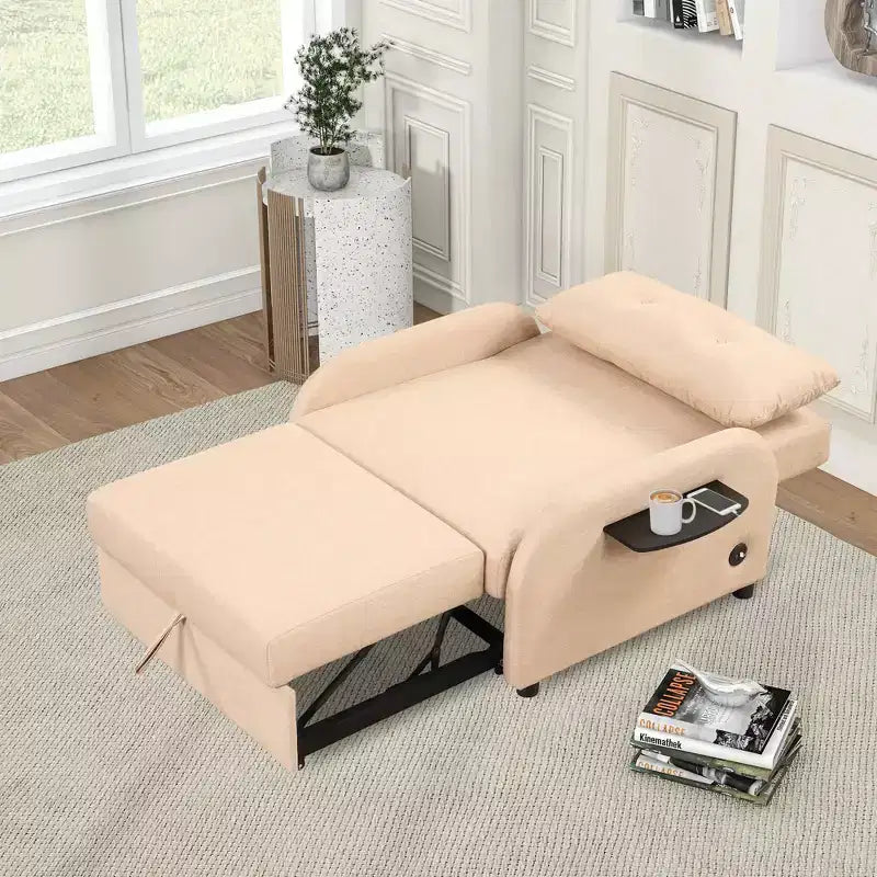 Pull-out Sofa Sleeper 3 in 1 with Charge for Living Room Recreation Room Beige