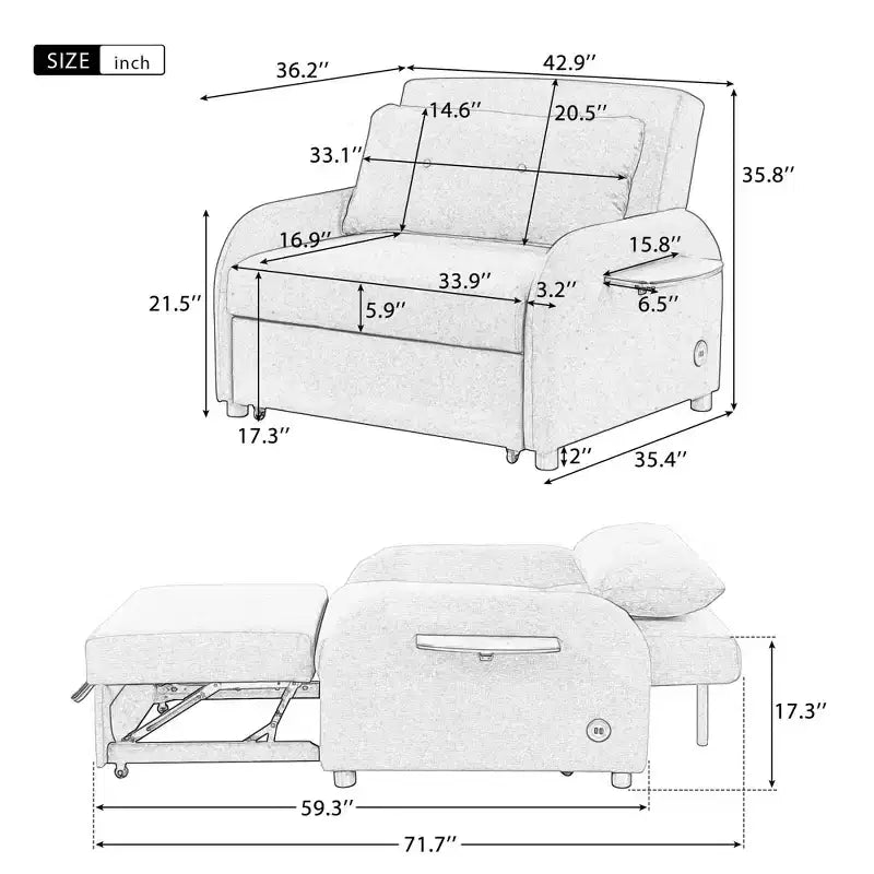 Pull-out Sofa Sleeper 3 in 1 with Charge for Living Room Recreation Room Beige