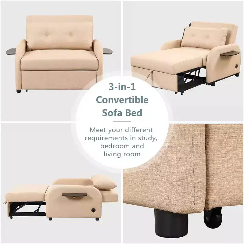 Pull-out Sofa Sleeper 3 in 1 with Charge for Living Room Recreation Room Beige