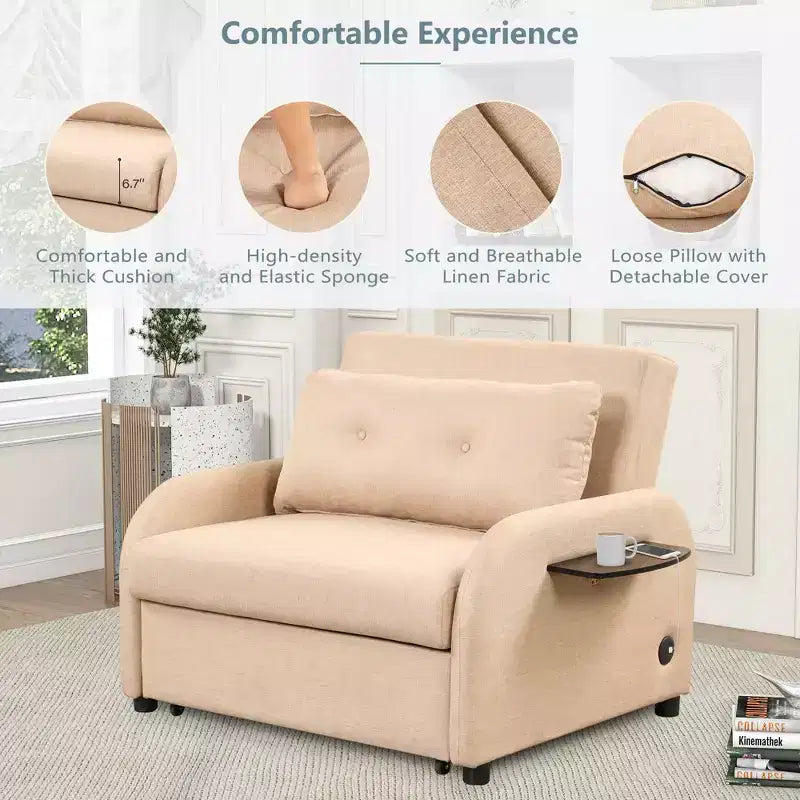 Pull-out Sofa Sleeper 3 in 1 with Charge for Living Room Recreation Room Beige