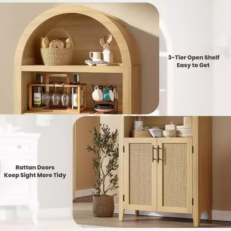 Arched 5-Tier Bookshelf with Doors  Modern Display Shelf with Rattan Details, Storage Cabinet for Home Office, Living Room, or Library