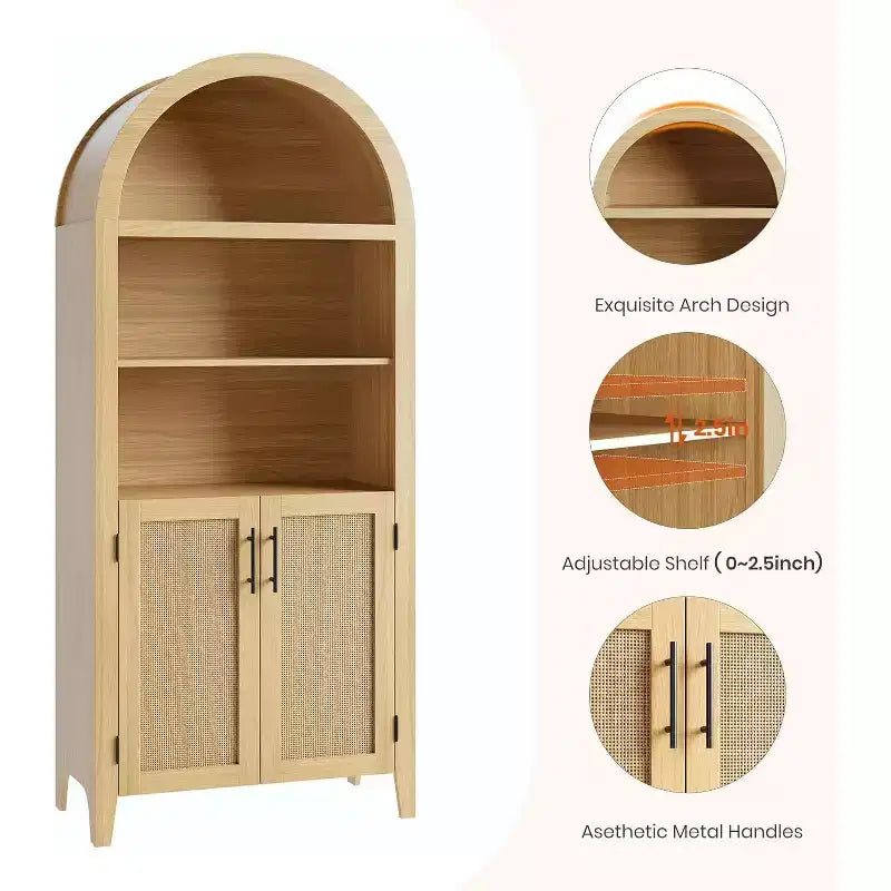 Arched 5-Tier Bookshelf with Doors  Modern Display Shelf with Rattan Details, Storage Cabinet for Home Office, Living Room, or Library