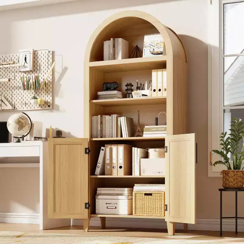 Arched 5-Tier Bookshelf with Doors  Modern Display Shelf with Rattan Details, Storage Cabinet for Home Office, Living Room, or Library