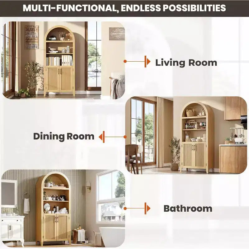 Arched 5-Tier Bookshelf with Doors  Modern Display Shelf with Rattan Details, Storage Cabinet for Home Office, Living Room, or Library