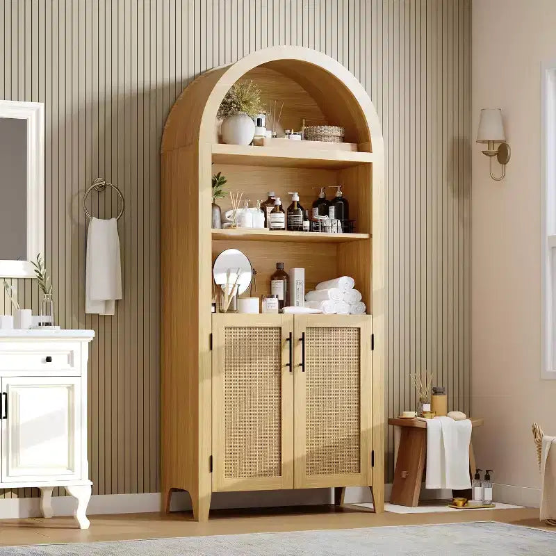 Arched 5-Tier Bookshelf with Doors  Modern Display Shelf with Rattan Details, Storage Cabinet for Home Office, Living Room, or Library