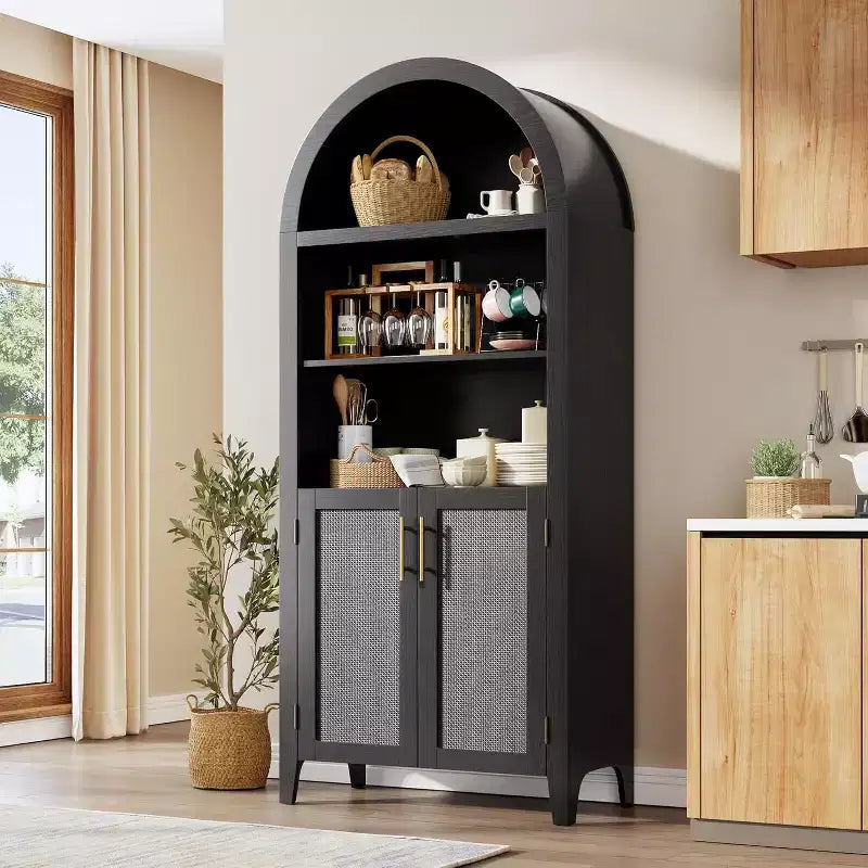 Arched 5-Tier Bookshelf with Doors  Modern Display Shelf with Rattan Details, Storage Cabinet for Home Office, Living Room, or Library