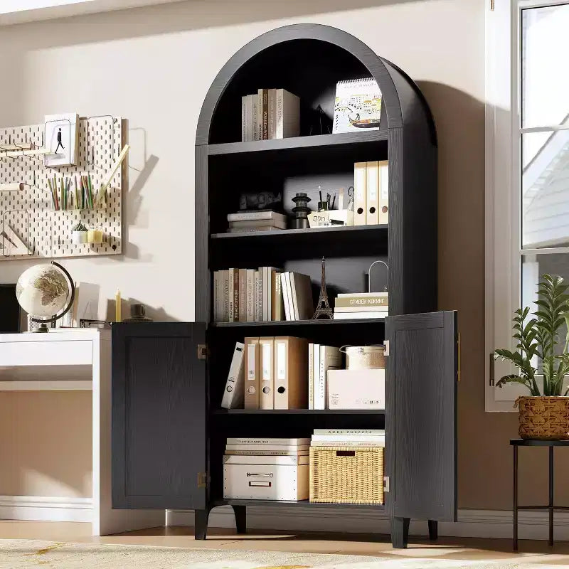 Arched 5-Tier Bookshelf with Doors  Modern Display Shelf with Rattan Details, Storage Cabinet for Home Office, Living Room, or Library