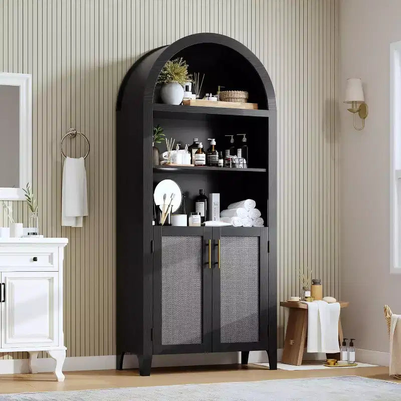 Arched 5-Tier Bookshelf with Doors  Modern Display Shelf with Rattan Details, Storage Cabinet for Home Office, Living Room, or Library