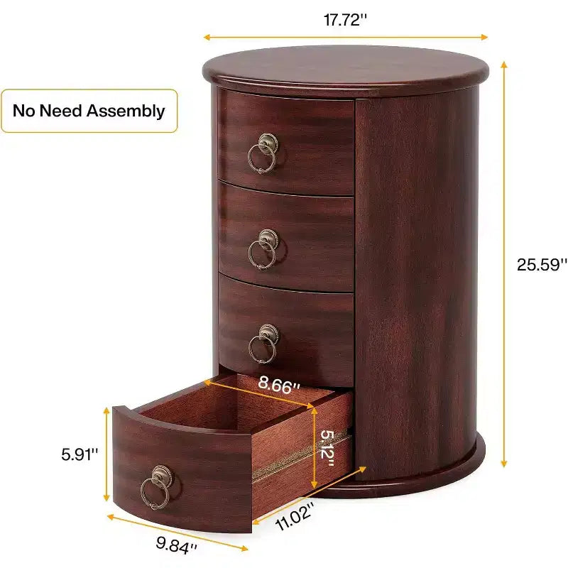 Solid Wood Nightstand, Round Bedside Table with 4 Drawers, Rustic Tall Night Stand for Bedroom & Living Room, No Assembly Required