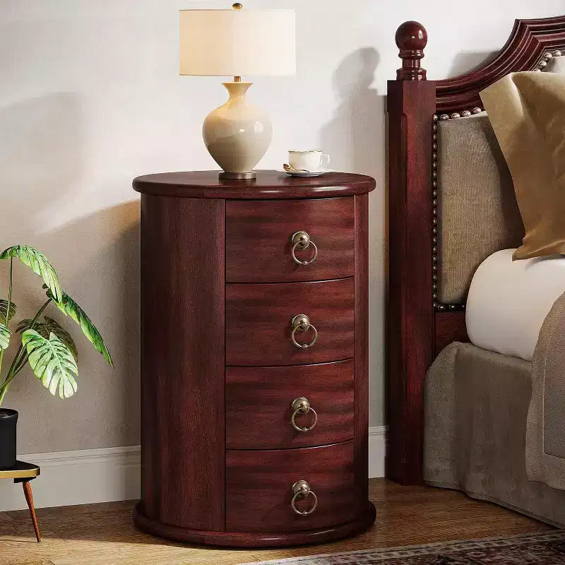 Solid Wood Nightstand, Round Bedside Table with 4 Drawers, Rustic Tall Night Stand for Bedroom & Living Room, No Assembly Required