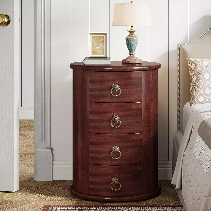 Solid Wood Nightstand, Round Bedside Table with 4 Drawers, Rustic Tall Night Stand for Bedroom & Living Room, No Assembly Required