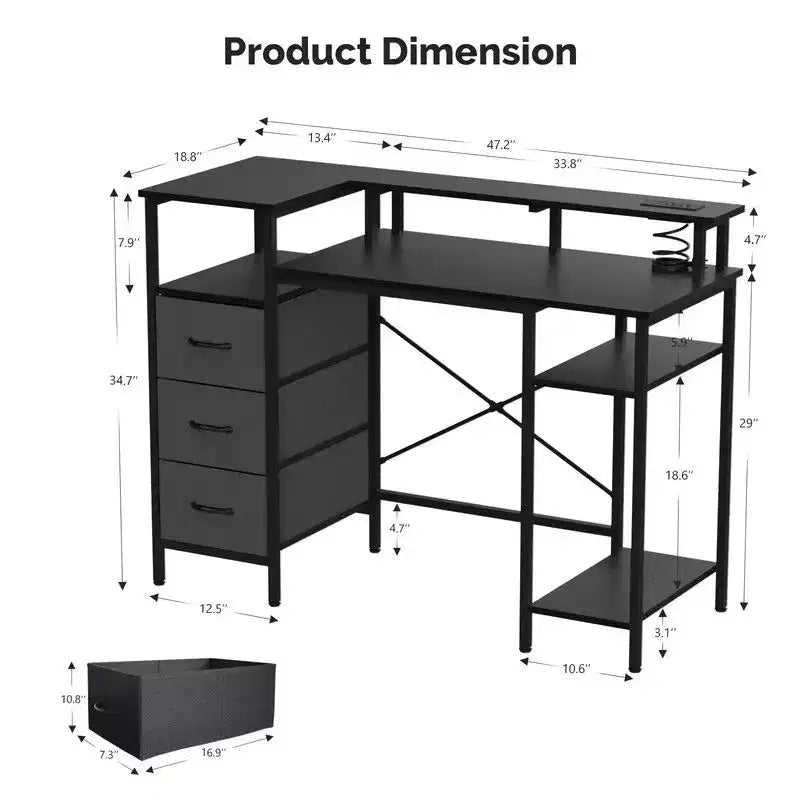 47.2'' Modern Computer Desk With Charging Station & Storage Drawers