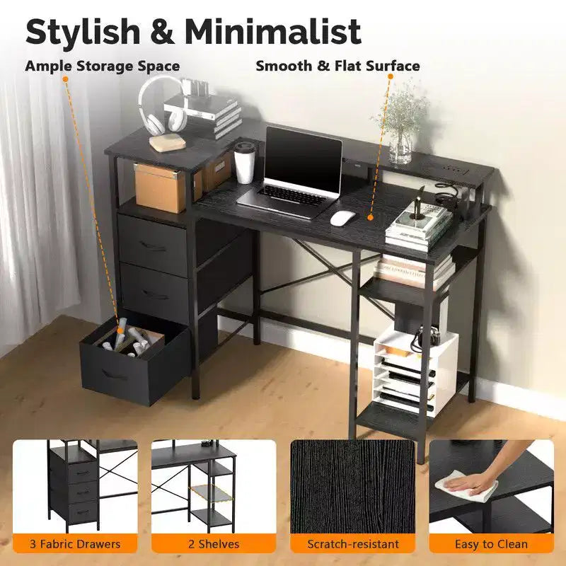 47.2'' Modern Computer Desk With Charging Station & Storage Drawers