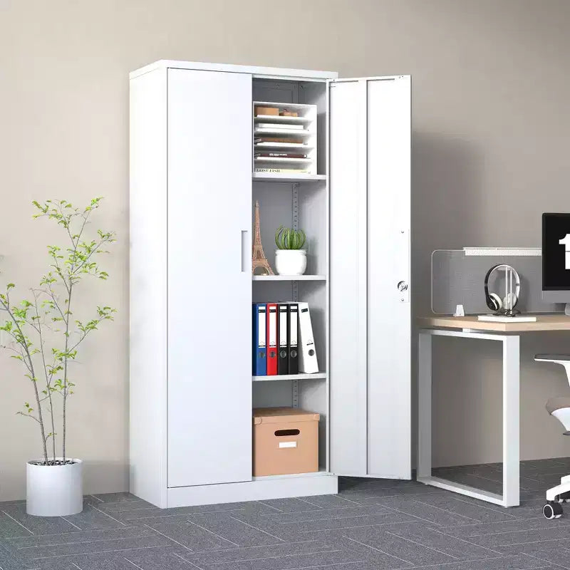71H Metal Garage Storage Cabinet, White Lockable Steel Cabinet w/ 3 Adjustable Shelves (Anti-Tipping Office/Pantry Organizer)
