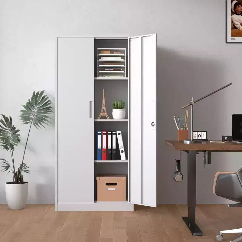71H Metal Garage Storage Cabinet, White Lockable Steel Cabinet w/ 3 Adjustable Shelves (Anti-Tipping Office/Pantry Organizer)
