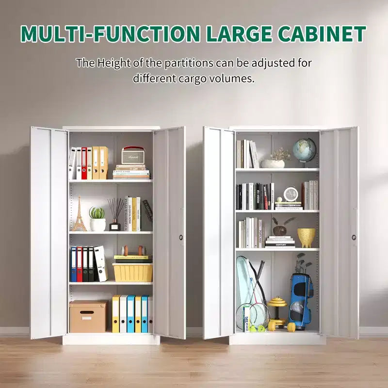 71H Metal Garage Storage Cabinet, White Lockable Steel Cabinet w/ 3 Adjustable Shelves (Anti-Tipping Office/Pantry Organizer)