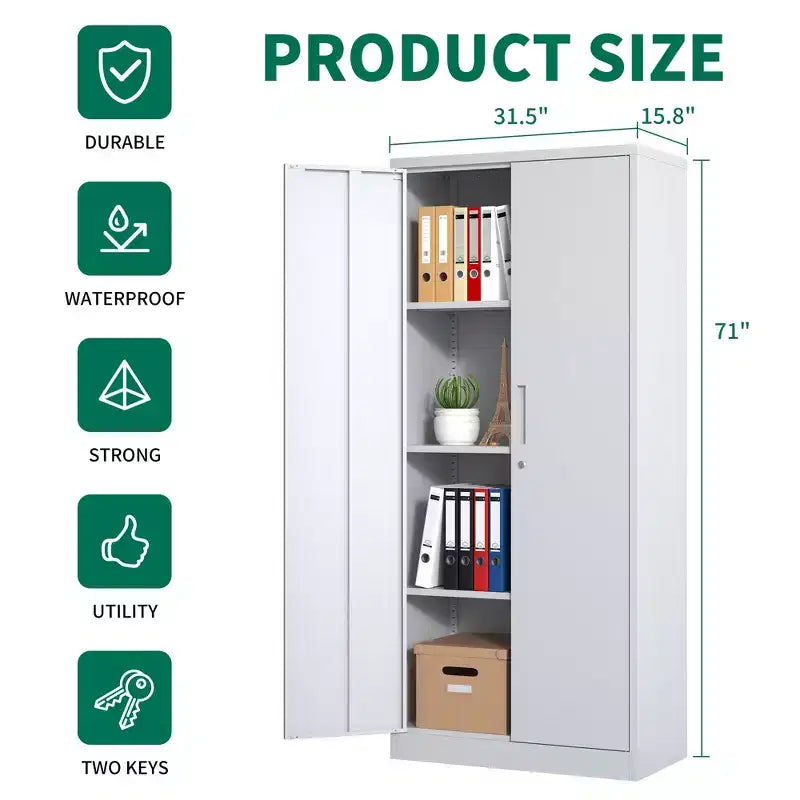 71H Metal Garage Storage Cabinet, White Lockable Steel Cabinet w/ 3 Adjustable Shelves (Anti-Tipping Office/Pantry Organizer)