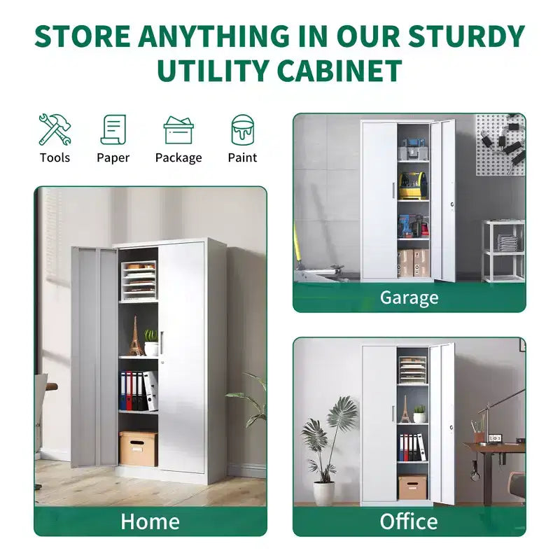 71H Metal Garage Storage Cabinet, White Lockable Steel Cabinet w/ 3 Adjustable Shelves (Anti-Tipping Office/Pantry Organizer)