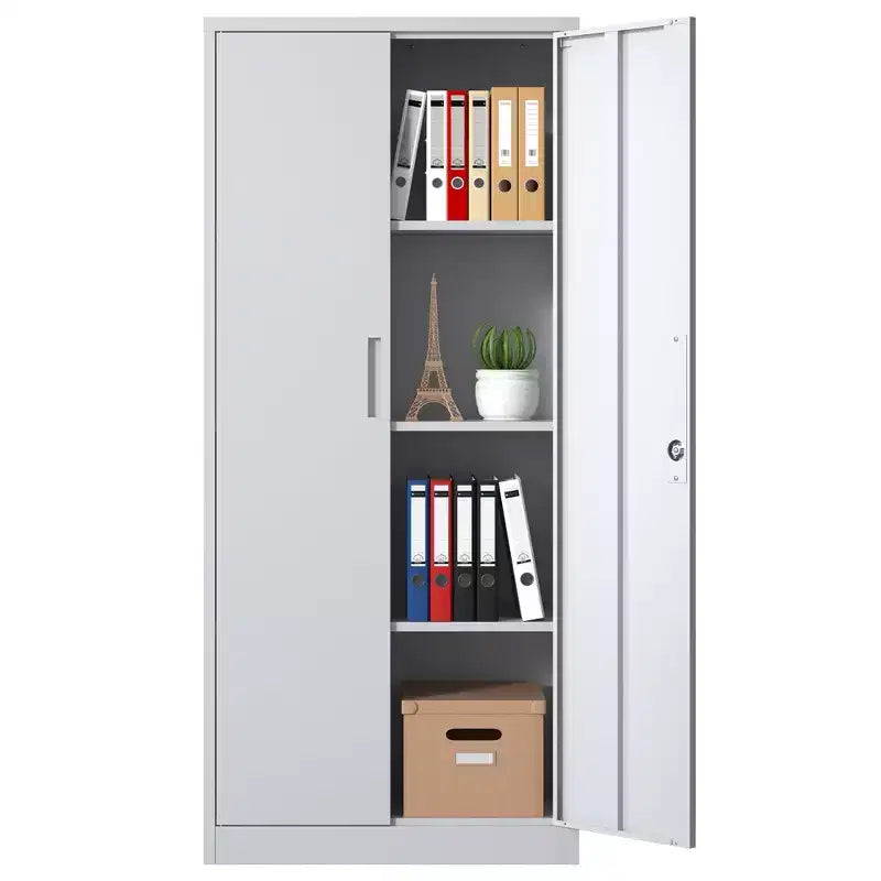 71H Metal Garage Storage Cabinet, White Lockable Steel Cabinet w/ 3 Adjustable Shelves (Anti-Tipping Office/Pantry Organizer)