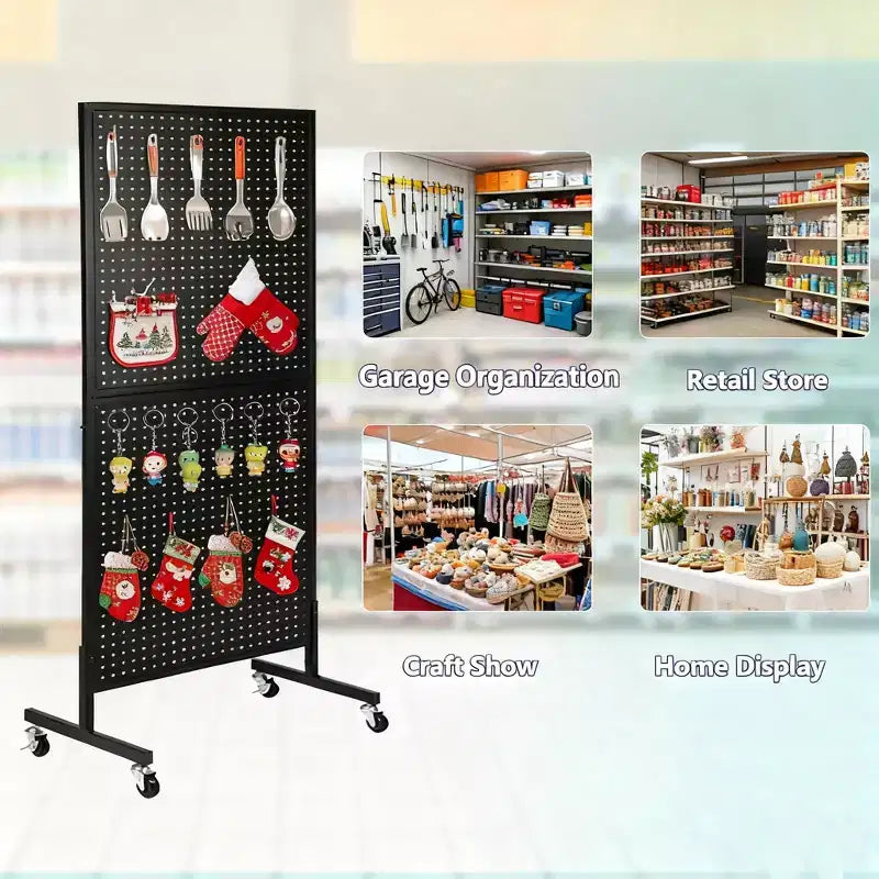 2X5 Pegboard Display Stand with Wheels, Floor Standing Adjustable Pegboard Organizer for Craft Fair, Art, Retail, Shop, Market, Home & Garage