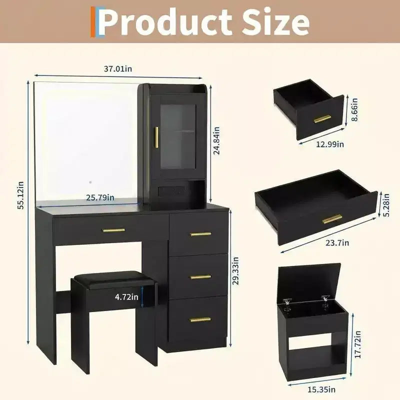 Vanity Desk with Mirror, Modern Makeup Dressing Table, Storage Stool, 4 Drawers, Vanities with Vanity Mirror