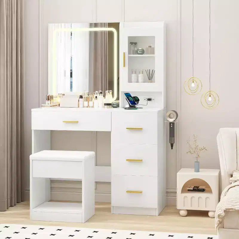Vanity Desk with Mirror, Modern Makeup Dressing Table, Storage Stool, 4 Drawers, Vanities with Vanity Mirror