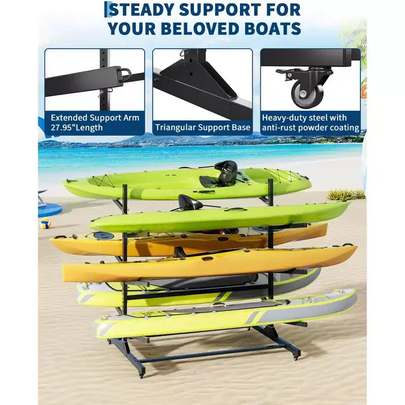 3-Layer Heavy Duty Kayak Storage Rack, Double-Sided Steel Stand for Garage Dock Shed