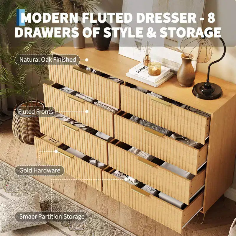 Modern Wood Dresser with 8 Fluted Drawers, Large Storage Chest with Metal Handles, Anti-Tip Bedroom Dresser for Bedroom, Living Room, Hallway