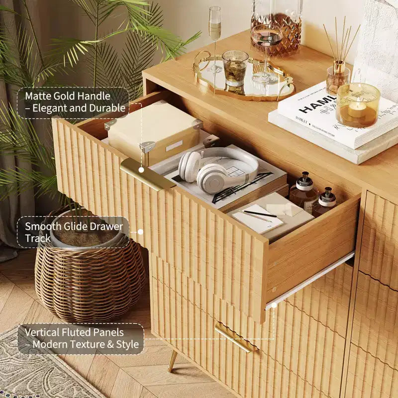 Modern Wood Dresser with 8 Fluted Drawers, Large Storage Chest with Metal Handles, Anti-Tip Bedroom Dresser for Bedroom, Living Room, Hallway