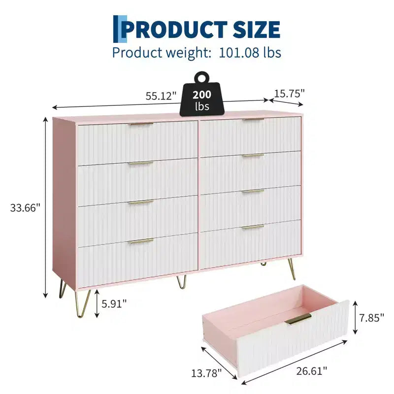 Modern Wood Dresser with 8 Fluted Drawers, Large Storage Chest with Metal Handles, Anti-Tip Bedroom Dresser for Bedroom, Living Room, Hallway