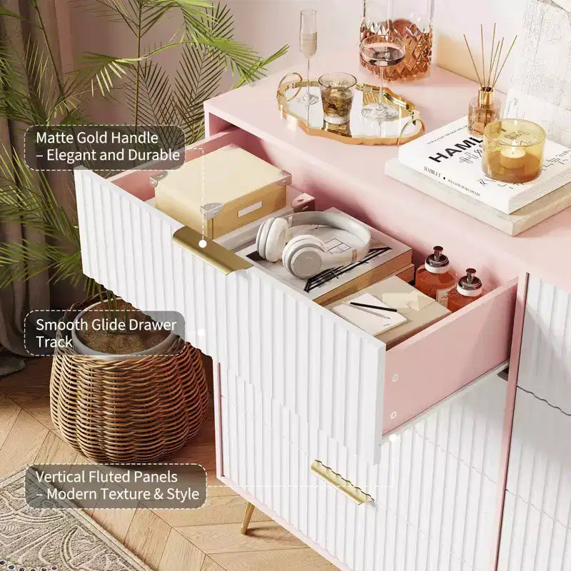 Modern Wood Dresser with 8 Fluted Drawers, Large Storage Chest with Metal Handles, Anti-Tip Bedroom Dresser for Bedroom, Living Room, Hallway