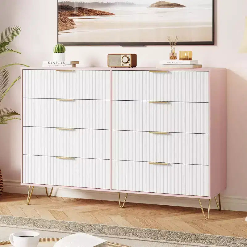 Modern Wood Dresser with 8 Fluted Drawers, Large Storage Chest with Metal Handles, Anti-Tip Bedroom Dresser for Bedroom, Living Room, Hallway