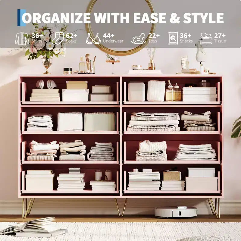 Modern Wood Dresser with 8 Fluted Drawers, Large Storage Chest with Metal Handles, Anti-Tip Bedroom Dresser for Bedroom, Living Room, Hallway