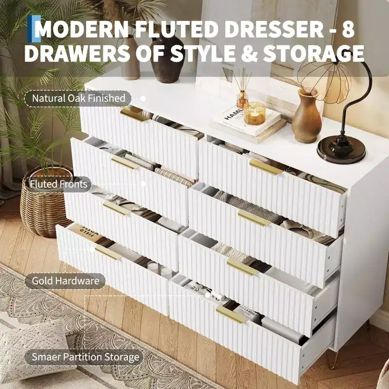Modern Wood Dresser with 8 Fluted Drawers, Large Storage Chest with Metal Handles, Anti-Tip Bedroom Dresser for Bedroom, Living Room, Hallway